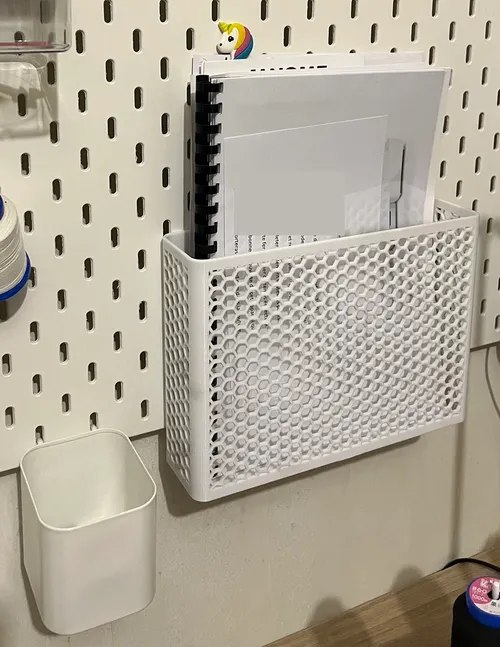 Magazine holder container mounted on Ikea Skadis pegboard