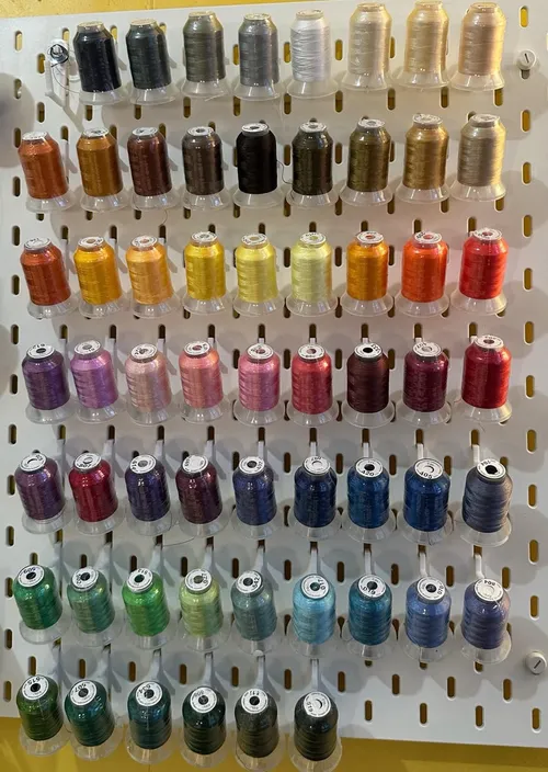 Close-up of sewing thread on Skadis spool holder